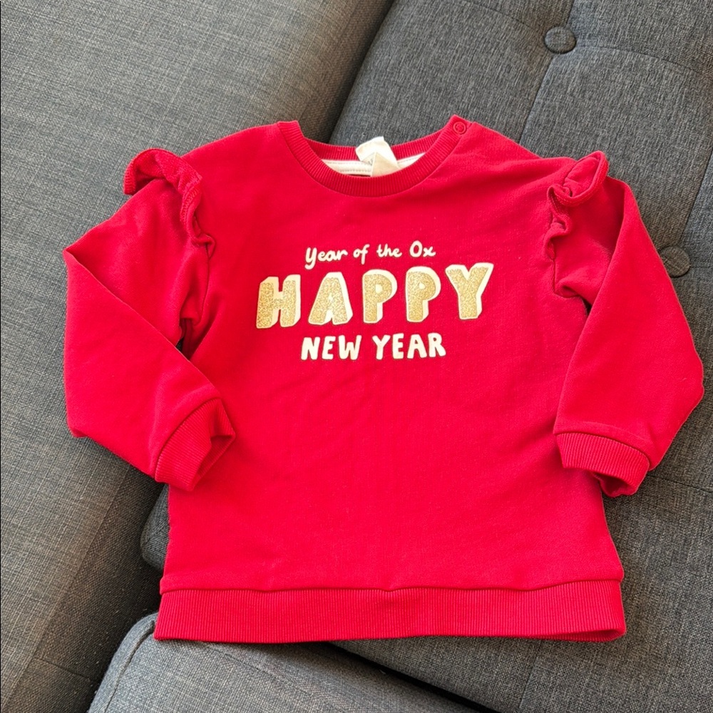 H&M Red 'Happy New Year' Girls Sweatshirt with Gold Lettering